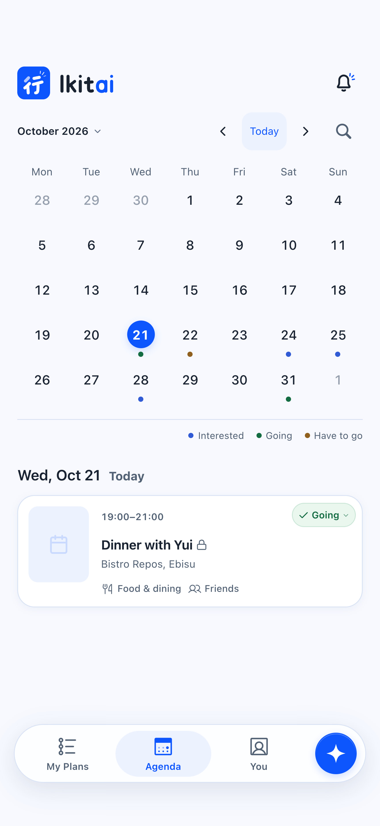 Ikitai calendar with a month view and a dinner plan for the selected day.